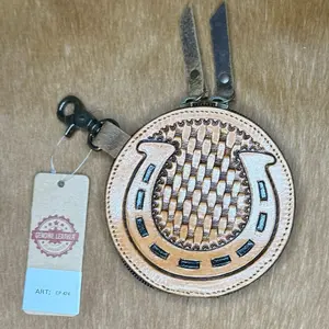 Horseshoe Tooled Leather Round Coin Pouch Lucky Charm Genuine Leather Art