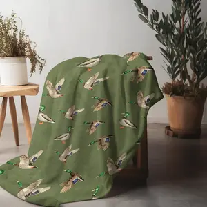 60"x80" Mallard Duck Print Nap Blanket, Olive Green Outdoor Hunting Style Flannel Throw Blanket, Cozy Wildlife Lover Home Decor Gift Blanket
