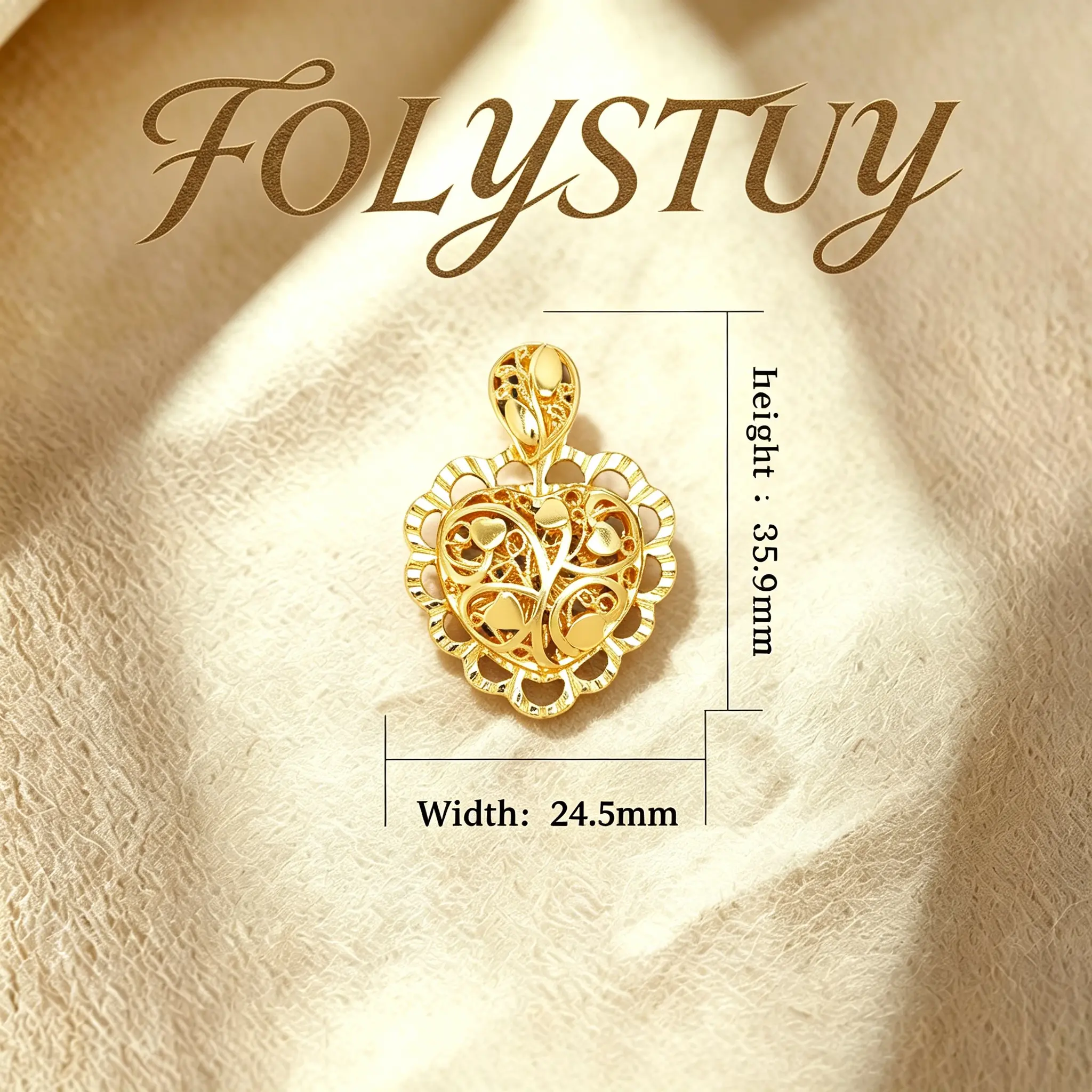 FOLYSTUY (K146) Rose Petal Heart Pendant - The pendant is 24.5mm wide and 35.9mm long. It features an elegant design with a unique heart-shaped decoration, making it suitable for wearing in various occasions.