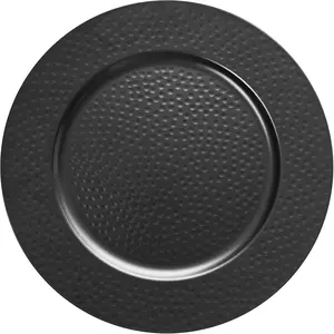 13" Black Hammered Plastic Charger Plates, Set of 6 Elegant Round Disposable Server Ware, for Wedding & Home Festive Party Table Decoration