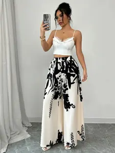 Women's Plant Leaf Print Elastic Waist Skirt Pants, Fashionable Elegant High Waist Wide Leg Casual Comfort Fit, Daily Wear