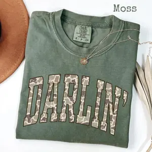 Comfort Colors Retro Camo Western T-Shirt, Darlin' Retro Camo Country Distressed Varsity Cowboy Quote, Camouflage Tee