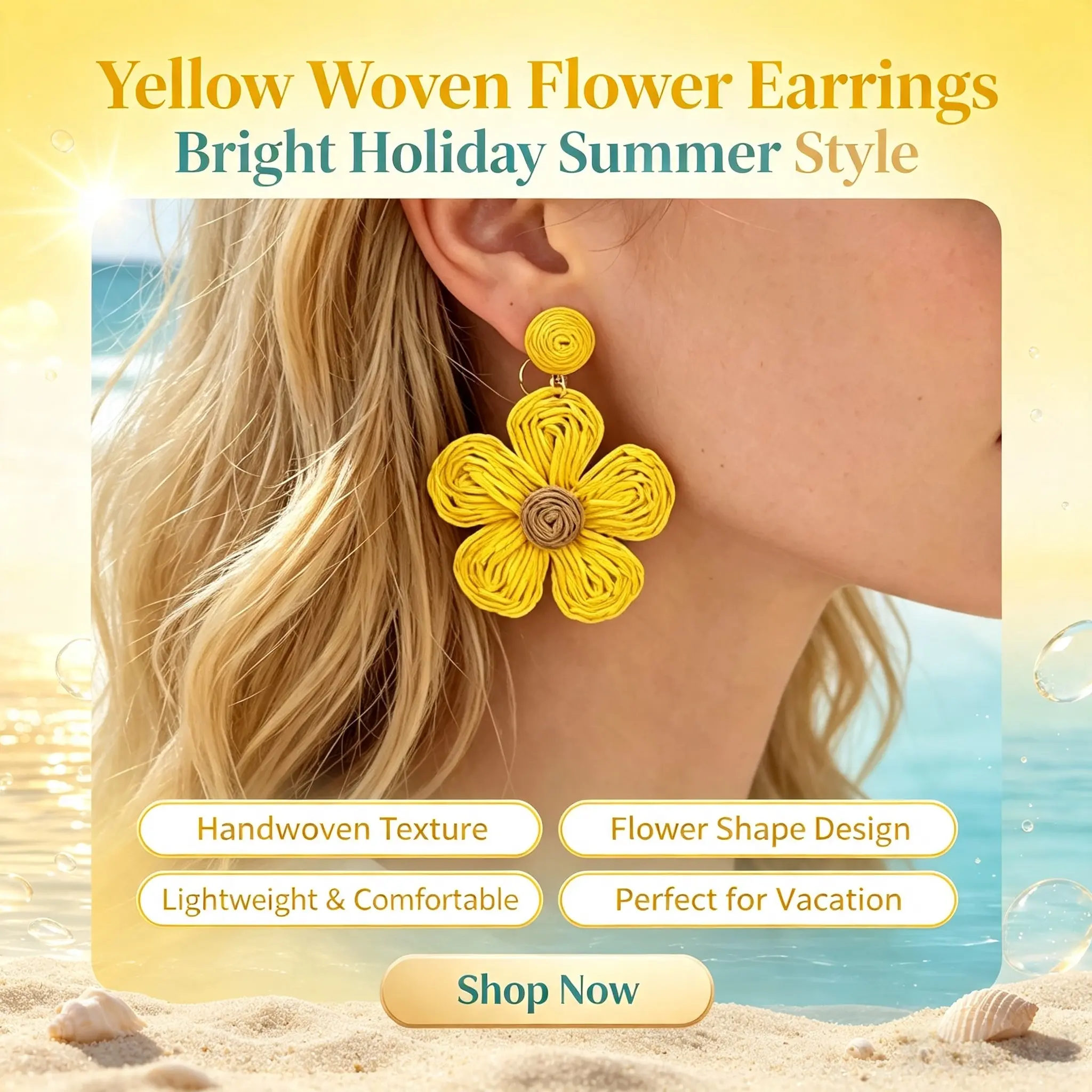 Yellow Woven Flower Earrings Bright Holiday Summer Style Handwoven Texture Flower Shape Design Lightweight Comfortable Perfect for Vacation