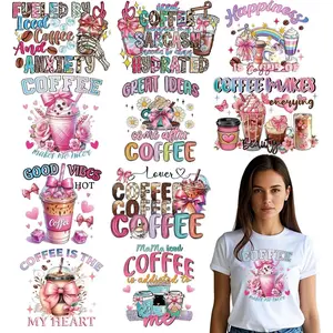 Pink Coffee Iron on Transfers for T-Shirts 10Pcs DTF Decals Ready to Press Heat Resistant Vinyl Patches Stickers for Clothing Pillow Hat Jeans DIY Supplies