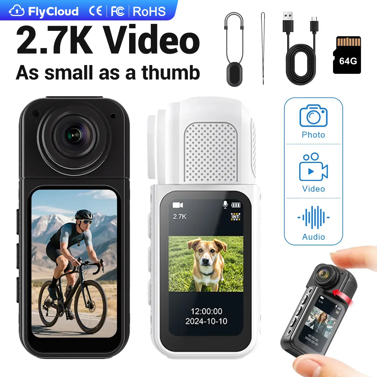 Flycloud S70 Mini Magnetic Wearable Thumb Vlogging Travel Camera - 2.7K HD, WiFi, APP Control, 180° Flip Lens, LCD Screen, Vertical/Horizontal Recording, Audio, Memory Support for POV Cycling, Pet Moments