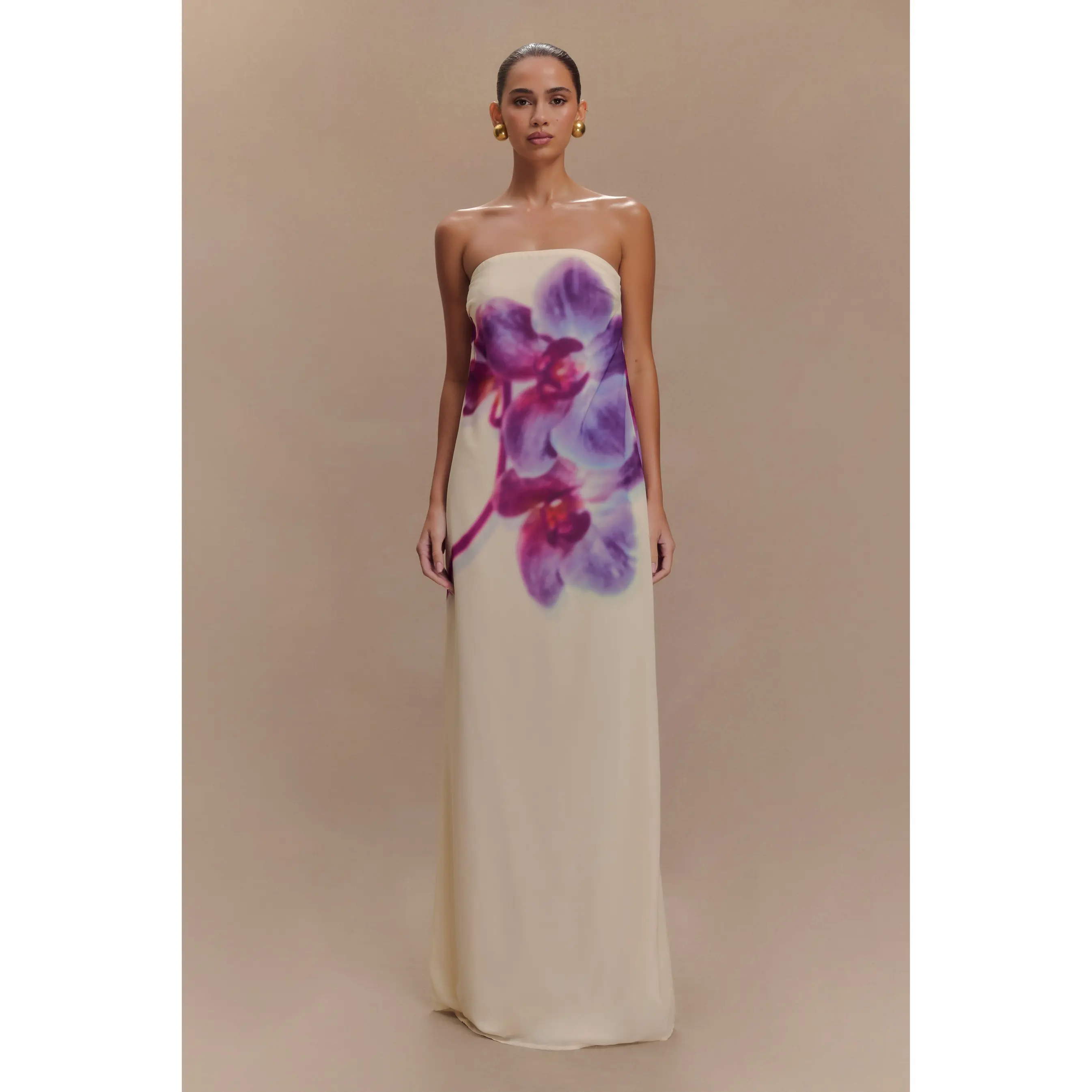 Amaya Strapless Chiffon Maxi Dress - Ivory Koi Orchid Print