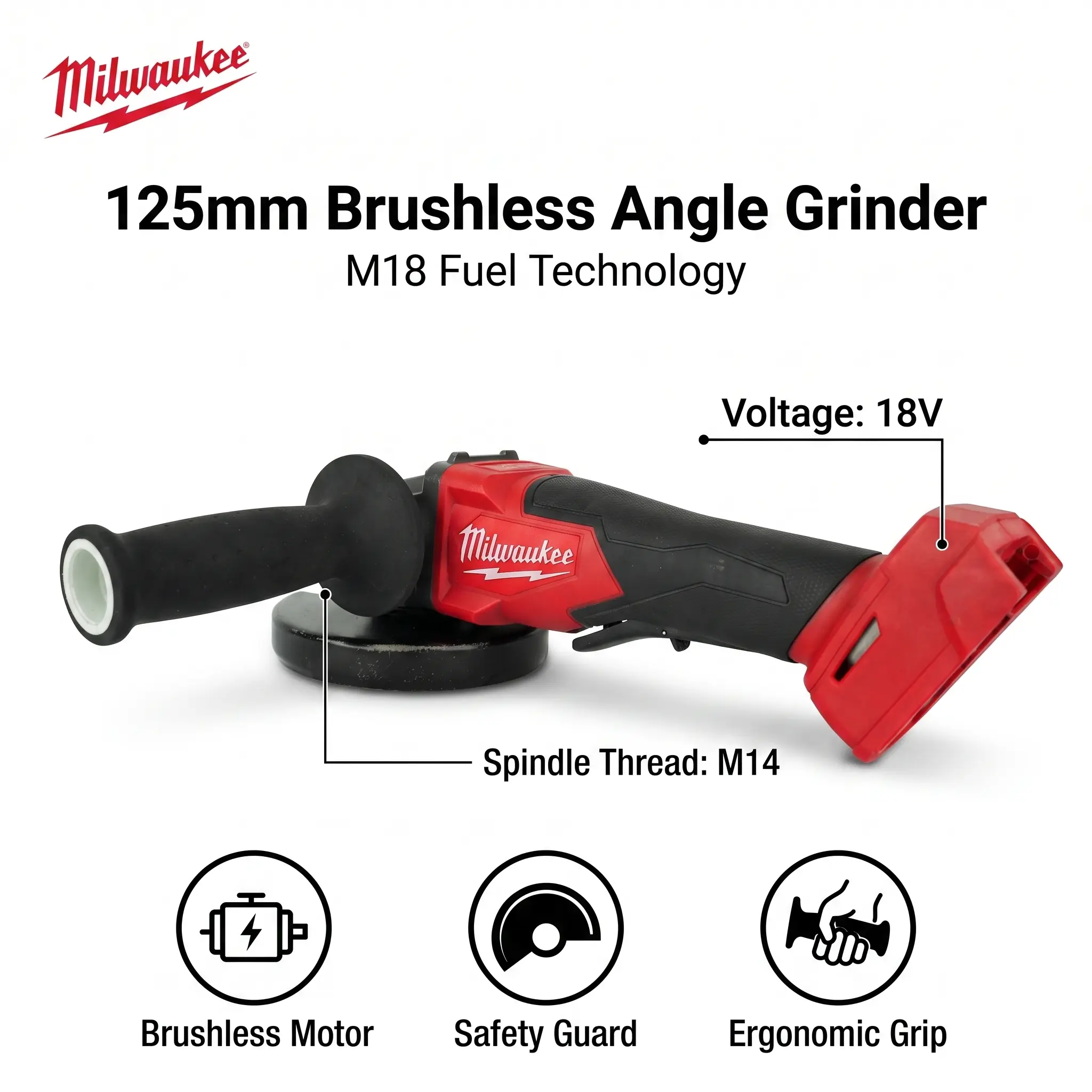 Milwaukee 18V Brushless Cordless Angle Grinder 125mm, M14 Variable Speed 0-9000 RPM, Heavy Duty Metal Cutting & Grinding Tool, Paddle Switch for Welding, Construction, Steel Fabrication & Auto Repair