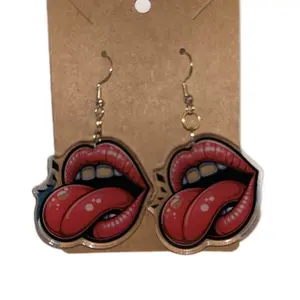 Lick It Lips Dangle Earrings - Red Lips Design with Gold Hoop, Elegant and Stylish Accessory