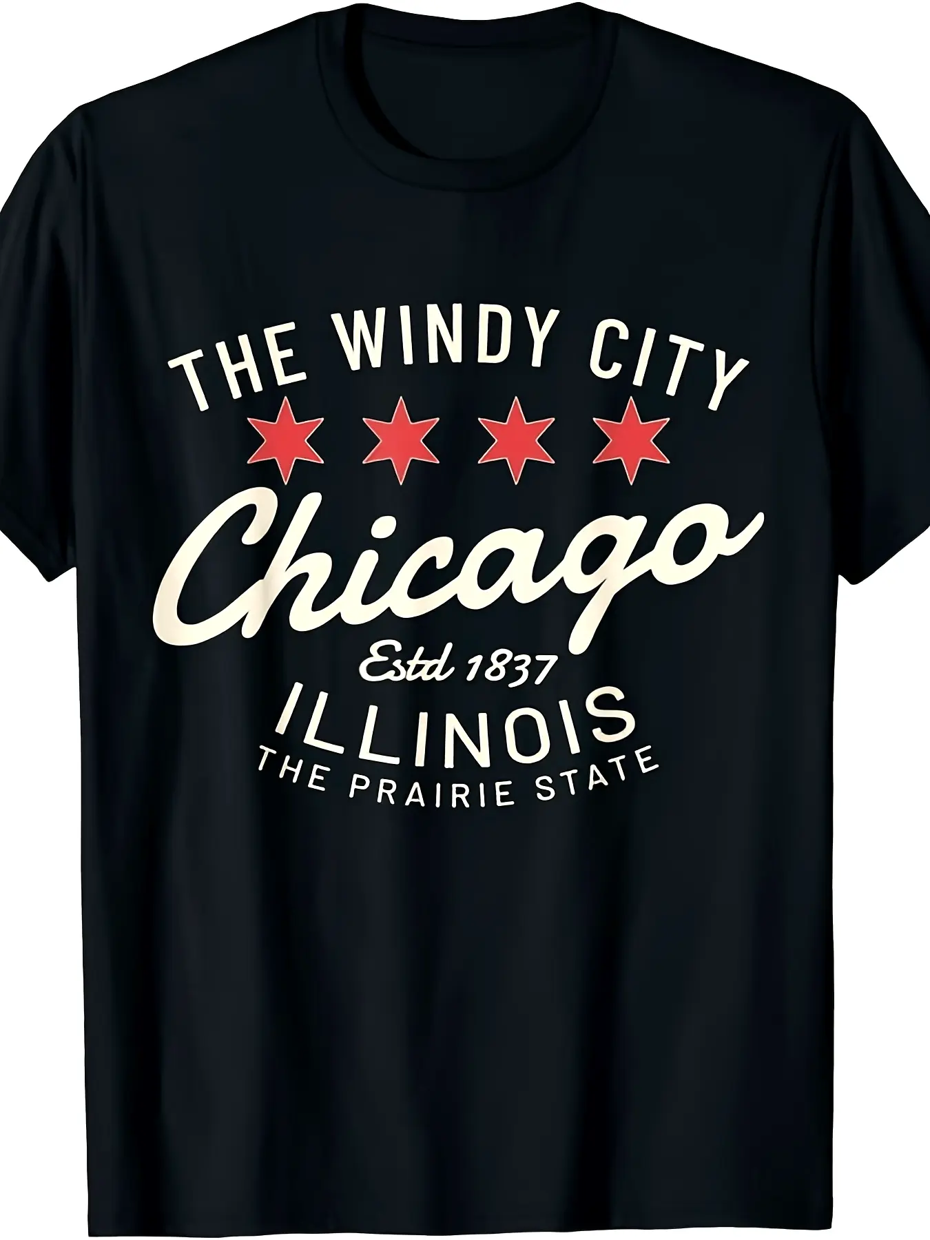 Chicago Illinois Windy City Estd 1837 Prairie State Souvenir T-Shirt |   Same style for men and women, 2025 summer, short-sleeved, printed, pure, 220G, Crew Neck, All-season, Vintage Style, Regular Fit