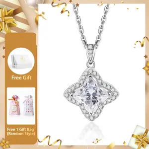 Moissanite 1.1ct Brilliant Iced-Out Lily Bulb Four-Leaf Clover Pendant Necklace Luck and Love Moissanite Jewelry Engagement Wedding Anniversary Perfect Gifts