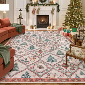 Christmas Reindeer Carpet Rug, American Vintage Style Non-Slip Mat, Pet Friendly Soft Plush, Foldable for Living Room Bedroom