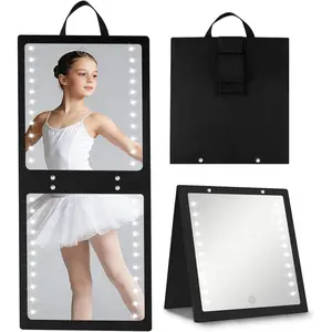 Lighted Hanging Mirror for Dance Backstage - Rechargeable Folding LED Full Length Mirror with Lights for Dancers, Portable Foldable Travel Body Mirrors, Brightness Adjustable, Black