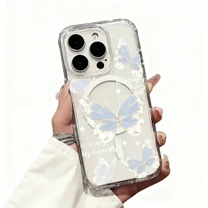 Light Blue Transparent Butterfly Wing Texture Transparent Thickened Shockproof Hard Case with Magnetic Ring Supports Wireless Charging for iPhone 17/16/15/14/13/12/11/X/XS/Plus/Pro/Max/air - A Top Choice for Fresh and Stylish Gifts
