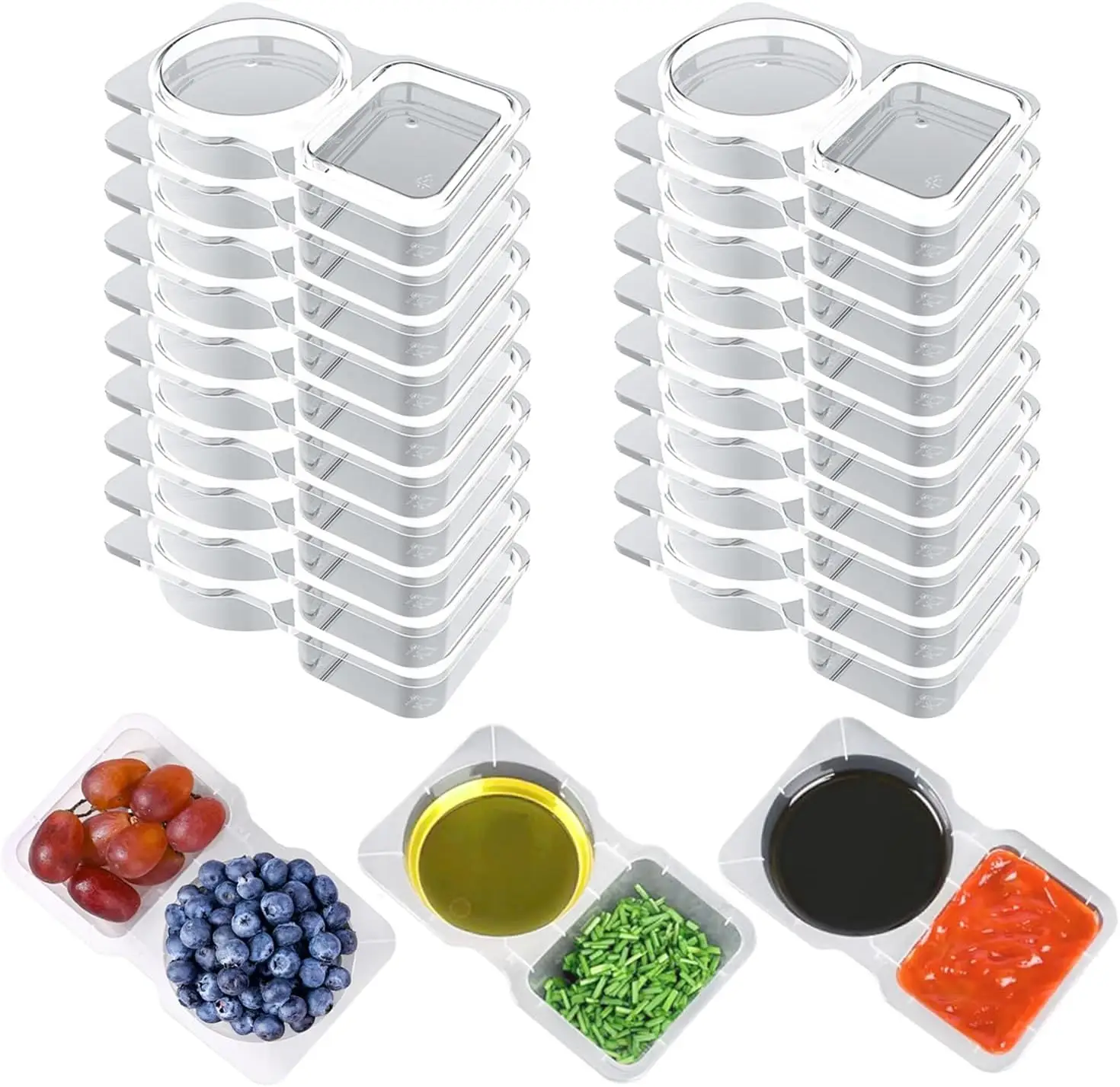 20 PCS Snack Containers Reusable Snack Containers With Lids,2 Compartments Dipping Container For Refrige, Takeaway Sauce Dip Case for Outdoor|Portion