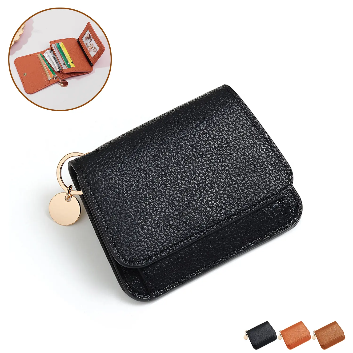 Small Wallet for Women RFID Blocking Genuine Leather Card Case Slim Tri-Fold Wallet with Zipper Pocket and Keychain