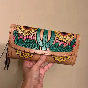 Cactus Sunflower Handtooled Leather Wallet Crossboy