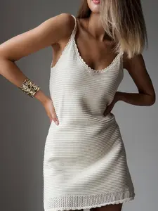 Women's Sleeveless Knitted Vest Summer New Vintage Lace V-Neck Dress, Slim-Fitting Striped Pattern, Casual Fashion, Chic, Womenswear