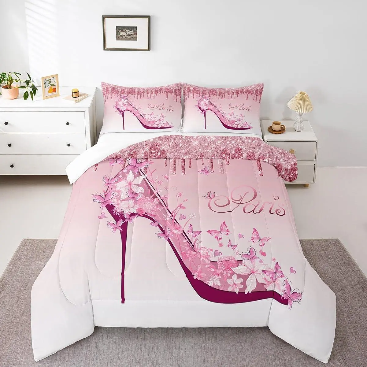 Girls Pink Comforter Set,Flowers Butterfly High Heels Bedding Set for Woman Couple Bedroom Decor,Fantasy Glitter Quilt Set,Romantic Paris Valentine Day Bedspread