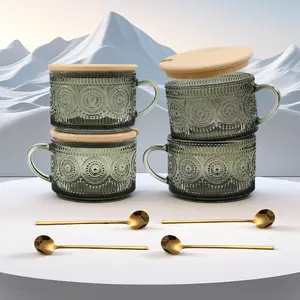 Vintage Coffee Mugs Set of 4 Green, 14 Oz Overnight Oats Containers with Bamboo Lids and Spoons, Glass Breakfast Tea Cups, Cute Coffee Bar Accessories Christmas Gifts