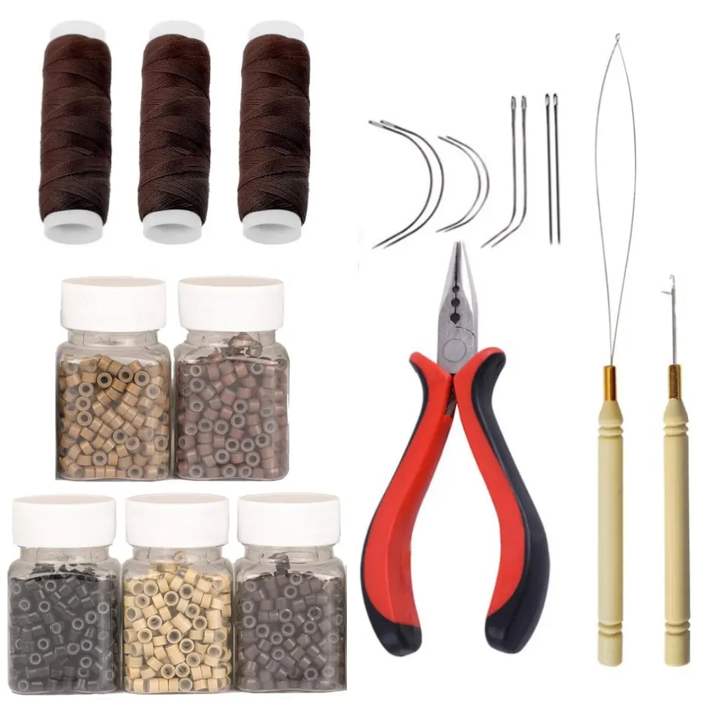 Professional Hair Styling Tool Kits Silicone Lined Micro Links Beads, Plier, Sewing Thread, Loop Needle Threader, Pulling Hook Needle, Sewing Needles Wig DIY Craft