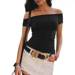 Womens Off The Shoulder Tops Summer Short Sleeve Slim Fit T Shirts Sexy Y2k Going Out Crop Tops