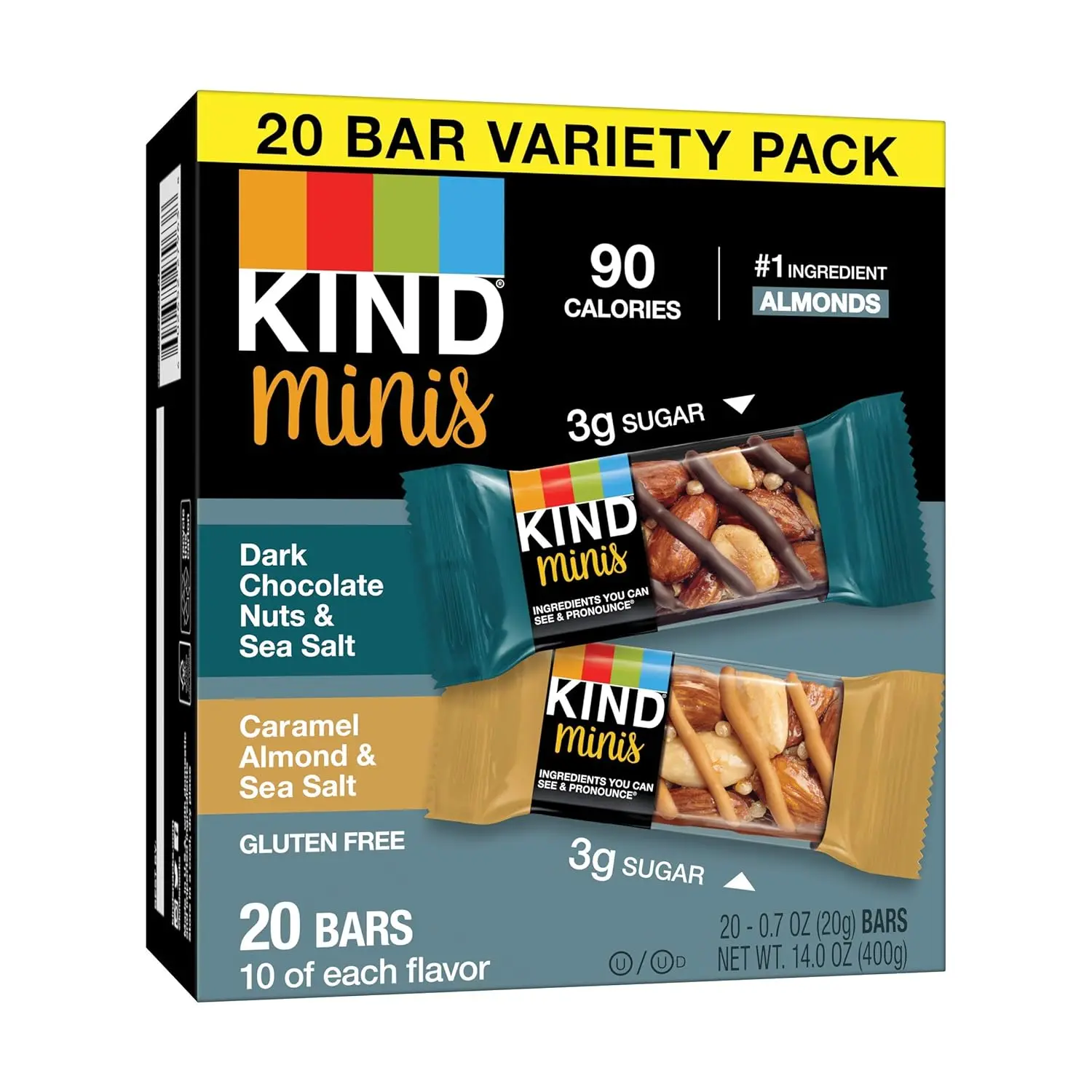 KIND Minis Snack Bars - Dark Chocolate Nuts & Sea Salt, Caramel Almond & Sea Salt, Gluten Free, 0.7 oz (20 Count), 3g Sugar, Variety Pack - Flavor
