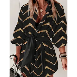 Chevron Print Button Front Dress, Casual Half Sleeve Tie Waist Mini Dress For Spring & Summer, Women's Clothing Collar Fabric Minimalist Short Basic Comfort Womenswear