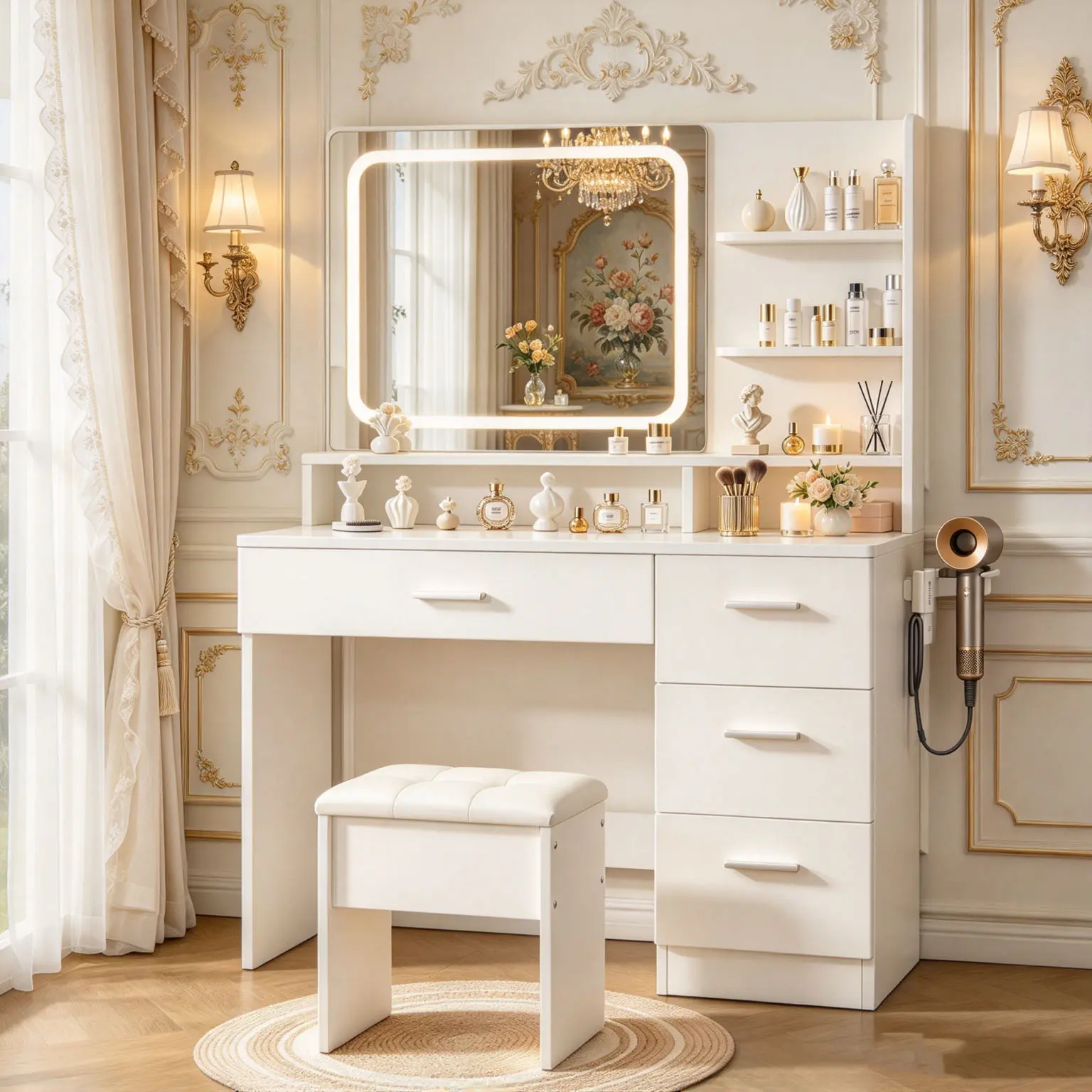 Elegant vanity includes lighted mirror and storage drawers; white makeup table for women; suitable for various settings including bedrooms, living rooms, and dorms transparent