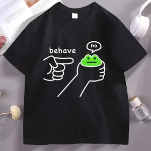 Menswear Short-Sleeve T-Shirt - Funny "Behave No Frog" Meme Tee with Plants Print, Simple Streetwear Top, Casual Minimalist Aesthetic Shirt for Pairing with Jeans