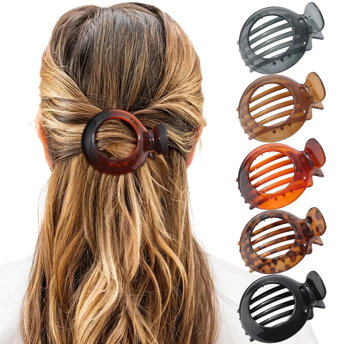 AWAYTR 5-Pack Women’s Flat Claw Barrettes - Anti-Slip Round Jaw Clamps, Hollow Fashion Hair Accessories for Thick and Thin, Long and Short Hair - Ideal for Engagement, Housework, Non Slip Clips