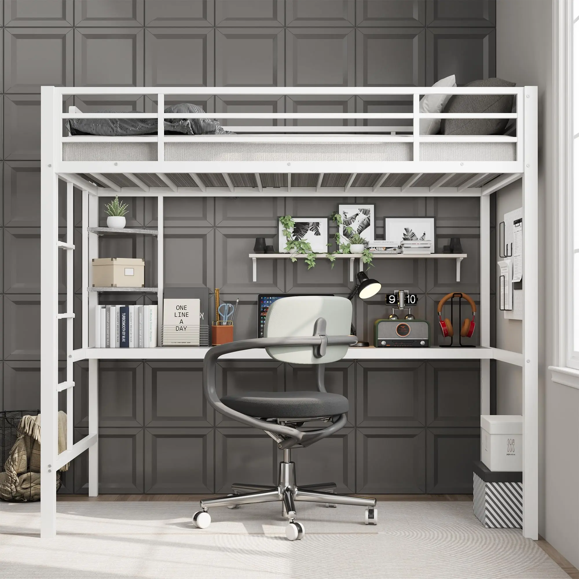 【GARVEE】Space-Saving Metal Loft Bed with Large Desk & 2-Tier Storage Shelves – Heavy Duty Steel Frame, Safety Guardrail, Ladder – Twin Size Bunk Bed for Kids & Adults – White/Brown/Black Options
