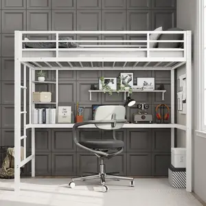 【GARVEE】Space-Saving Metal Loft Bed with Large Desk & 2-Tier Storage Shelves – Heavy Duty Steel Frame, Safety Guardrail, Ladder – Twin Size Bunk Bed for Kids & Adults – White/Brown/Black Options