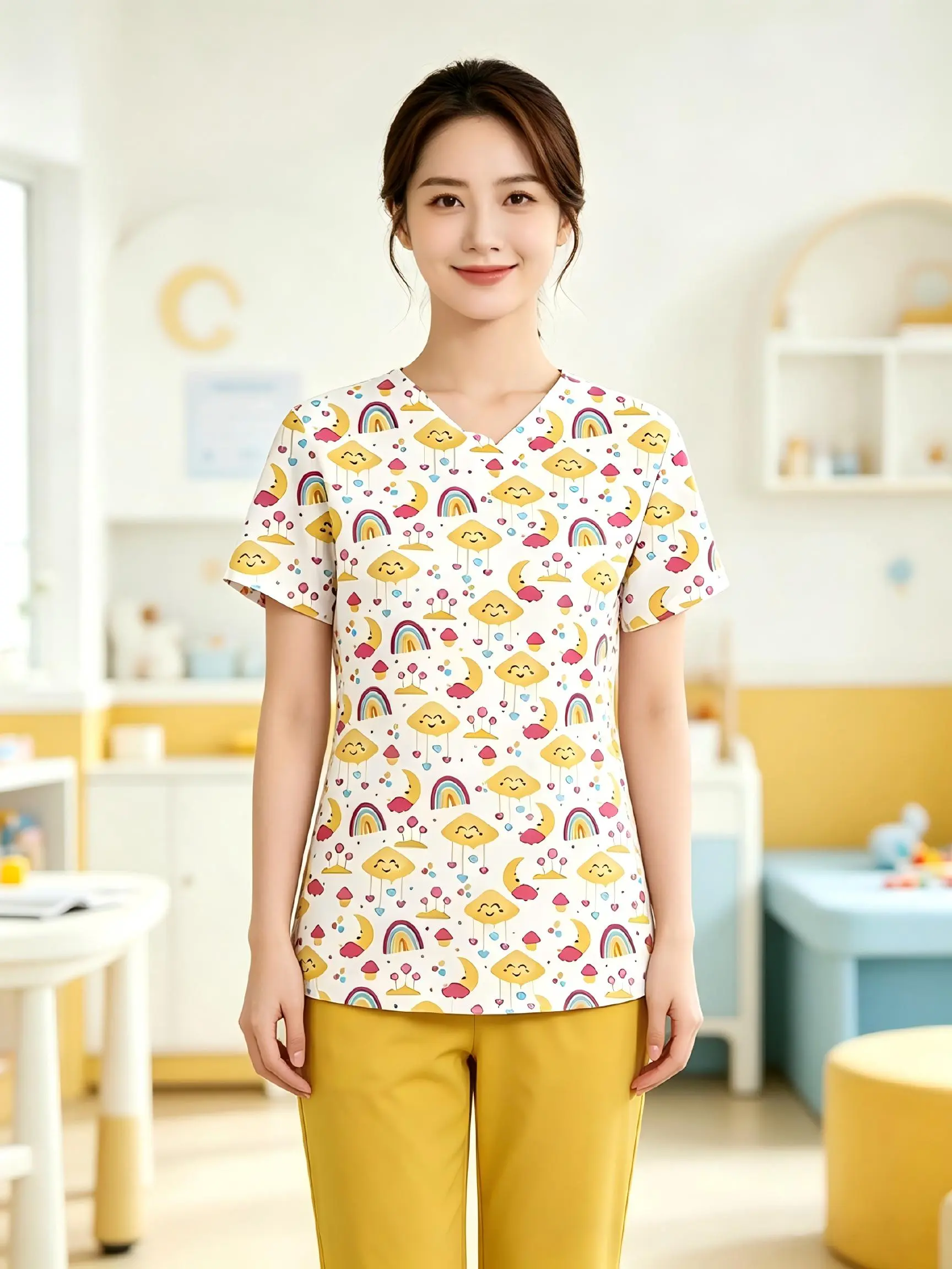 New casual work service, elegant style, cute and comfortable cloud digital printing fabric, nurse uniform, short-sleeved V-neck women's style Clothes Womenswear Workwear Yellow
