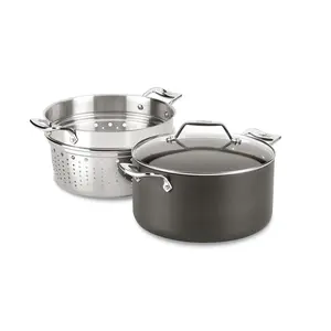 All-Clad 7 Quart Nonstick Stockpot with Multi-Purpose Insert and Lid, Essentials Hard Anodized Cookware, Black