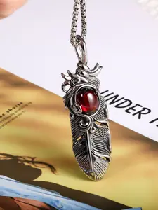 Non-Fading Stainless Steel Necklace, Ruby Feather Pendant, Trendy Men's Fashion Sweater Chain, Creative European Style Jewelry