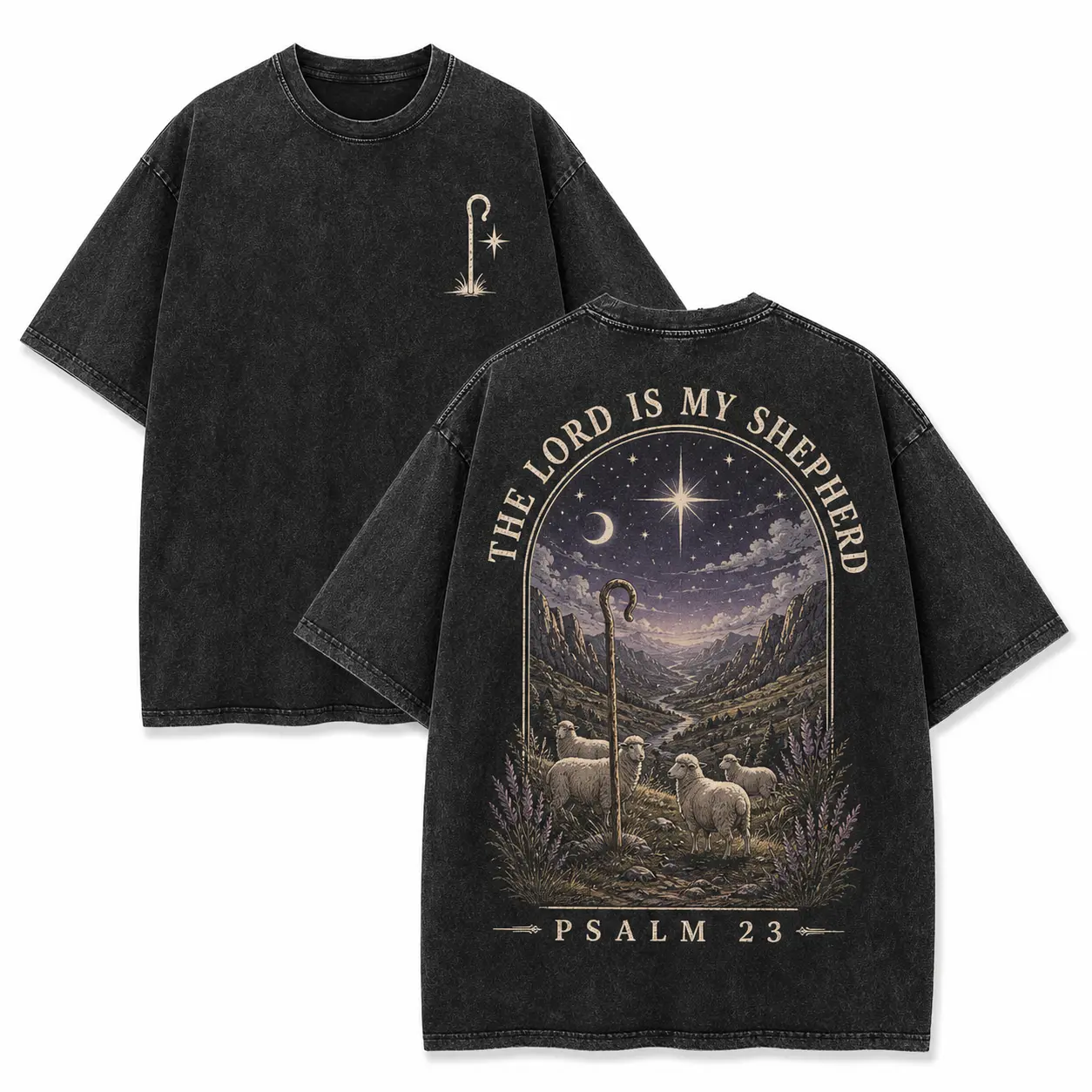Men's Oversized Graphic T-Shirt, Vintage Washed Soft Cotton with 'The Lord Is My Shepherd' Psalm 23 Print, Religious Streetwear Top, Tshirt, Graphic T Shirts, Men's T Shirts
