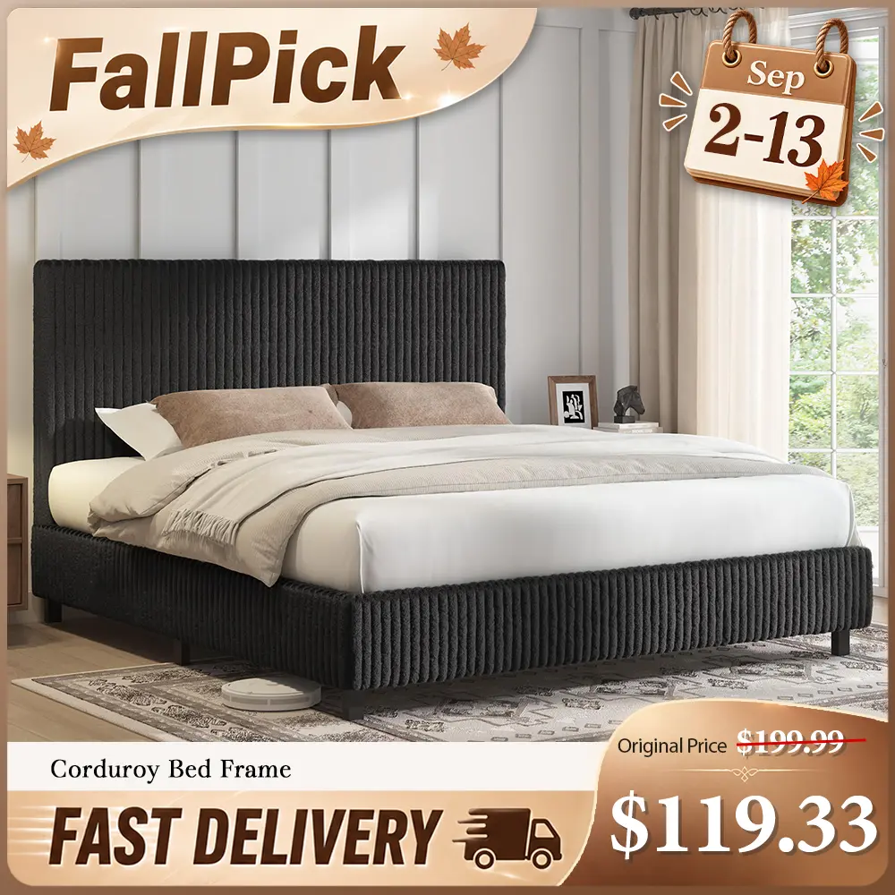 AMERLIFE Full Size Upholstered Corduroy Bed Frame - Furniture, 3.5" Gap-Free Fully Padded Headboard, 2" Padded Rails, Low Profile Metal Slats, No Box Spring Needed, Modern Bedroom Bed Frames #SohoChic