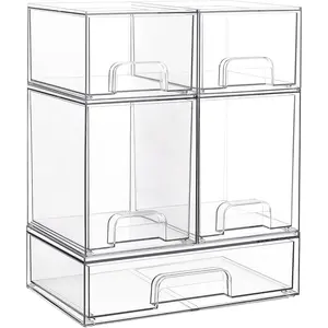 Stackable Storage Drawers Set of 5, Clear Plastic Organizer Bins for Beauty Supplies,Ideal for Vanity, Bathroom,Cabinet,Pantry Organization