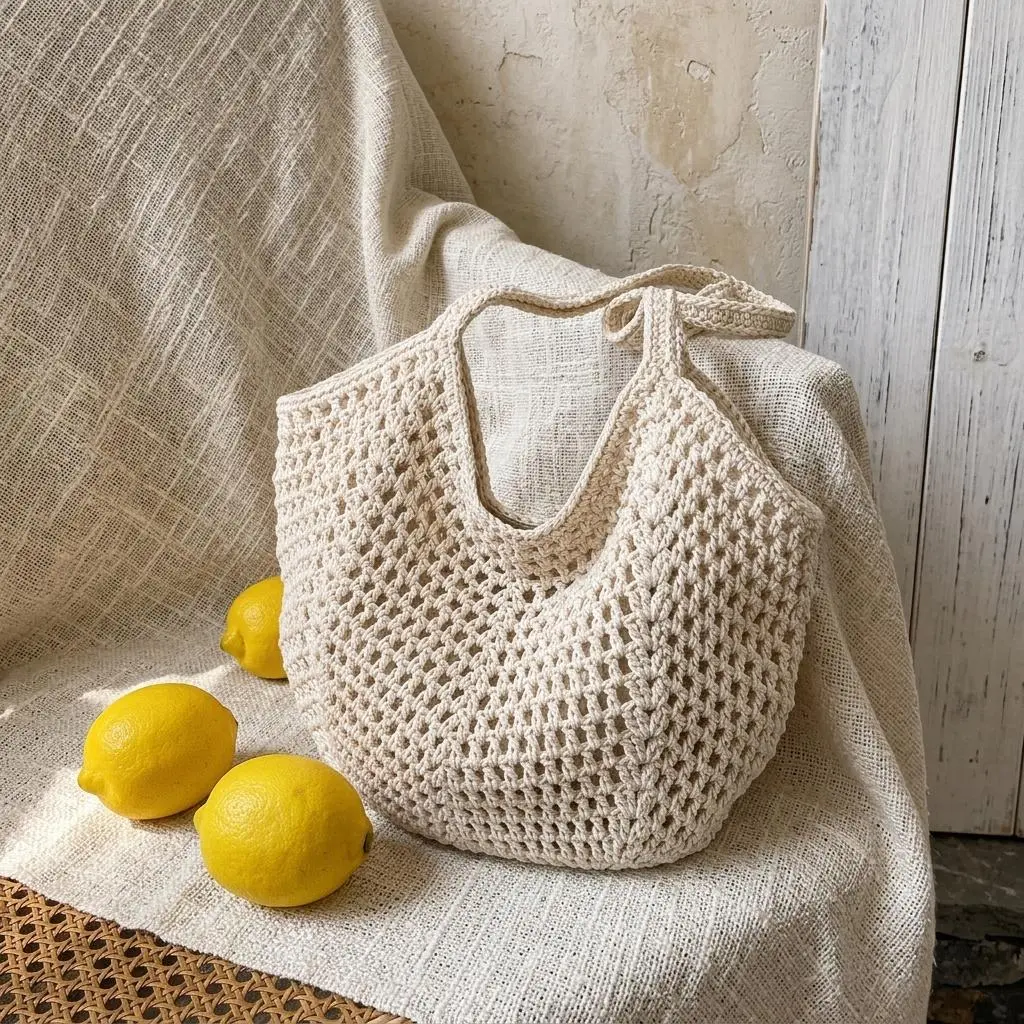 Women's High-Capacity Crocheted Cotton Thread Hollow-Out Handmade Lightweight Open-Top Tote Bag - Boho Accessory, Daily Commuter Tote, Oversized Carry, Easy Coffee Run & Market Bag, Fits Cardigans Too, 2026 Summer Casual Chic Hangable Accessory