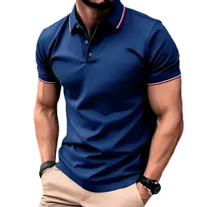 Men’s casual loose-fit polo shirt with contrast double striped collar and cuffs, 100% polyester, 150 GSM solid color short-sleeve golf T-shirt