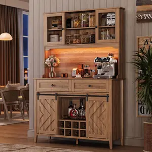 72" Sliding Barn Door High Bar Cabinet Farmhouse, Large Kitchen Buffet with Hutch Wine Storage, Charging Station, 2 Drawers, for Dining, Walnut