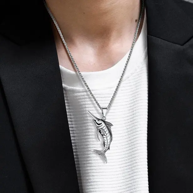 U7 Punk Look Nickel-Free Stainless Steel Wheat Chain, Unisex Animal Fish Pendant Necklace Jewelry, Animal Pendant, Everyday Wear
