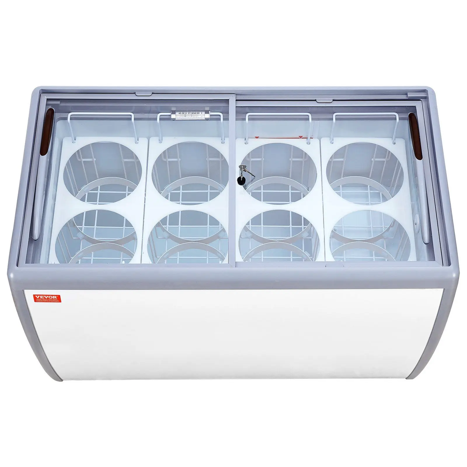 VEVOR Commercial Ice Cream Display Chest Freezer, 13.1 Cu.ft (370 L) Mobile Unit with 8 Large Tubs, 2 Sliding Glass Doors, Locking Casters, LED Lighting, White for Ice Cream & Coffee Shops, All Seasons, Deep Freezer Chest
