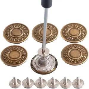 40 Pcs Adjustable Metal Jean Snap Tacks,17 mm No-Sew Nailess Removable Metal Jeans Buttons Replacement Repair Combo Thread Rivets and Screwdrivers