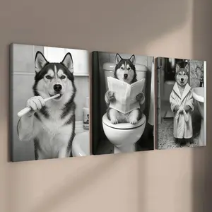3-count wooden frame canvas, black and white fun bathroom husky three-panel decorative poster, humorous bathroom decoration, fashionable family poster, modern living room decoration, suitable for corridor and bedroom walls, waterproof art