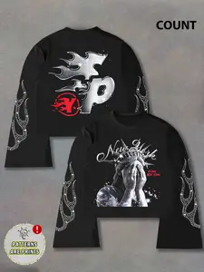 Men's Long Sleeve Hoodie, New York Element Graphic Print, Flame Sleeves, Back Personalized Pattern, Casual Fitted Style