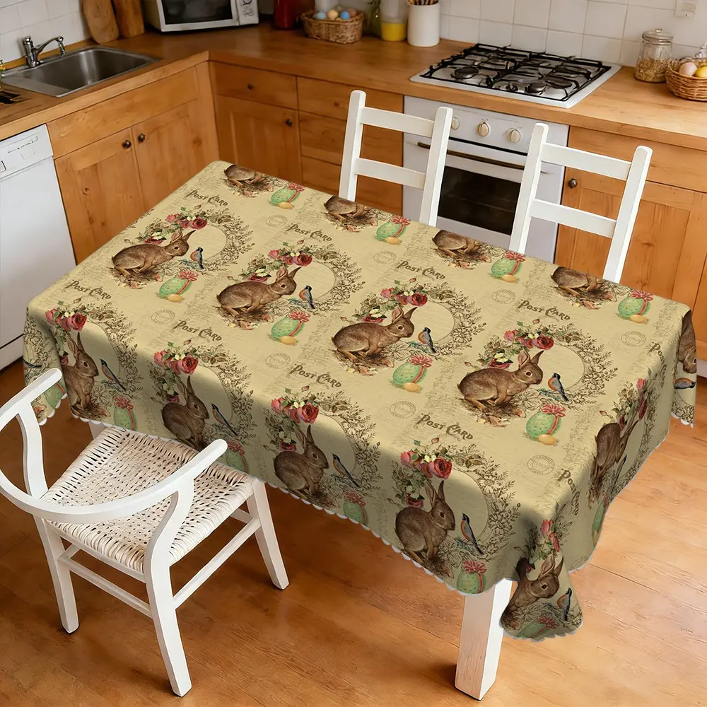 1 Easter tablecloth with bunny and flower print, rectangular/round, washable, delicate embossed lace, suitable for winter, New Year's, indoor/outdoor, restaurant, home, creating atmosphere, party, Easter decoration