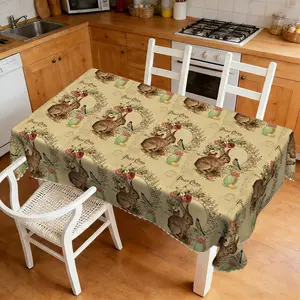1 Easter tablecloth with bunny and flower print, rectangular/round, washable, delicate embossed lace, suitable for winter, New Year's, indoor/outdoor, restaurant, home, creating atmosphere, party, Easter decoration