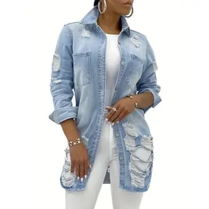 [LongSleeveDenimOutercoatJacket]OmmigWomen'sCasualLapelSlimLongSleeveDenimOutercoatJacketWindbreakerTopsBlueStyleCottonFabric