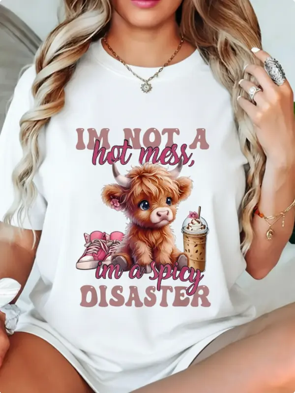 Women's 100% Cotton Casual Classic Crew Neck Short-Sleeve Graphic T-Shirt - Sarcastic Highland Cow Print, "I'm Not A Hot Mess Spicy Disaster" Quote, Lightweight Breathable Fabric, Relaxed Fit, Coffee Runs Summer Wear, Cold Wash Safe